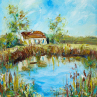 Oil painting of a cottage near a pond, spring time.